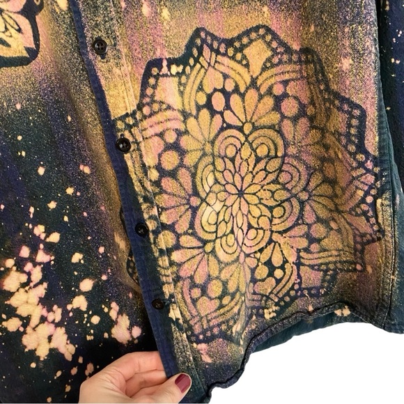 Frank & Oak Flannel Shirt Women Size Large Boho Floral Stencil Bleached Handmade - Picture 5 of 14